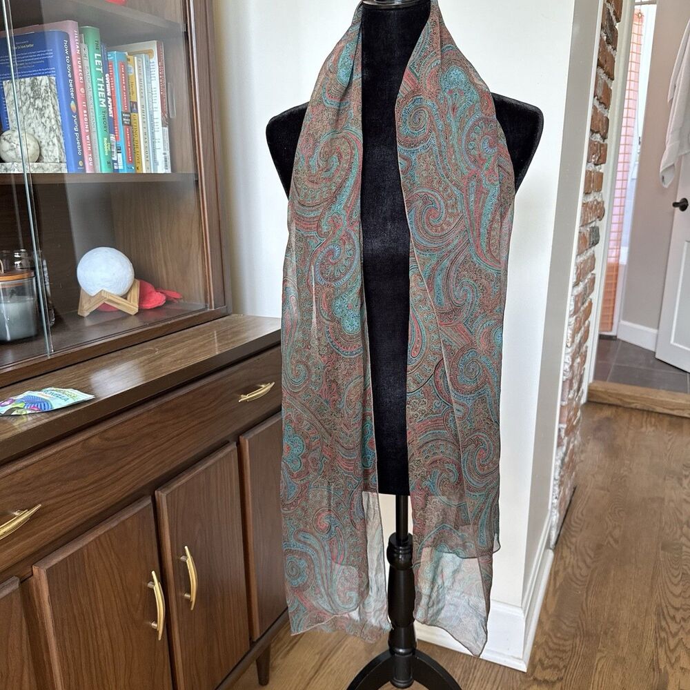 Silk Jewel Tone Paisley Oblong Rectangle Scarf Pink Purple Teal About 70” x 20”